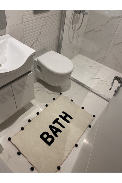 Ponpon Detaylı Siyah Banyo Paspası 90*56